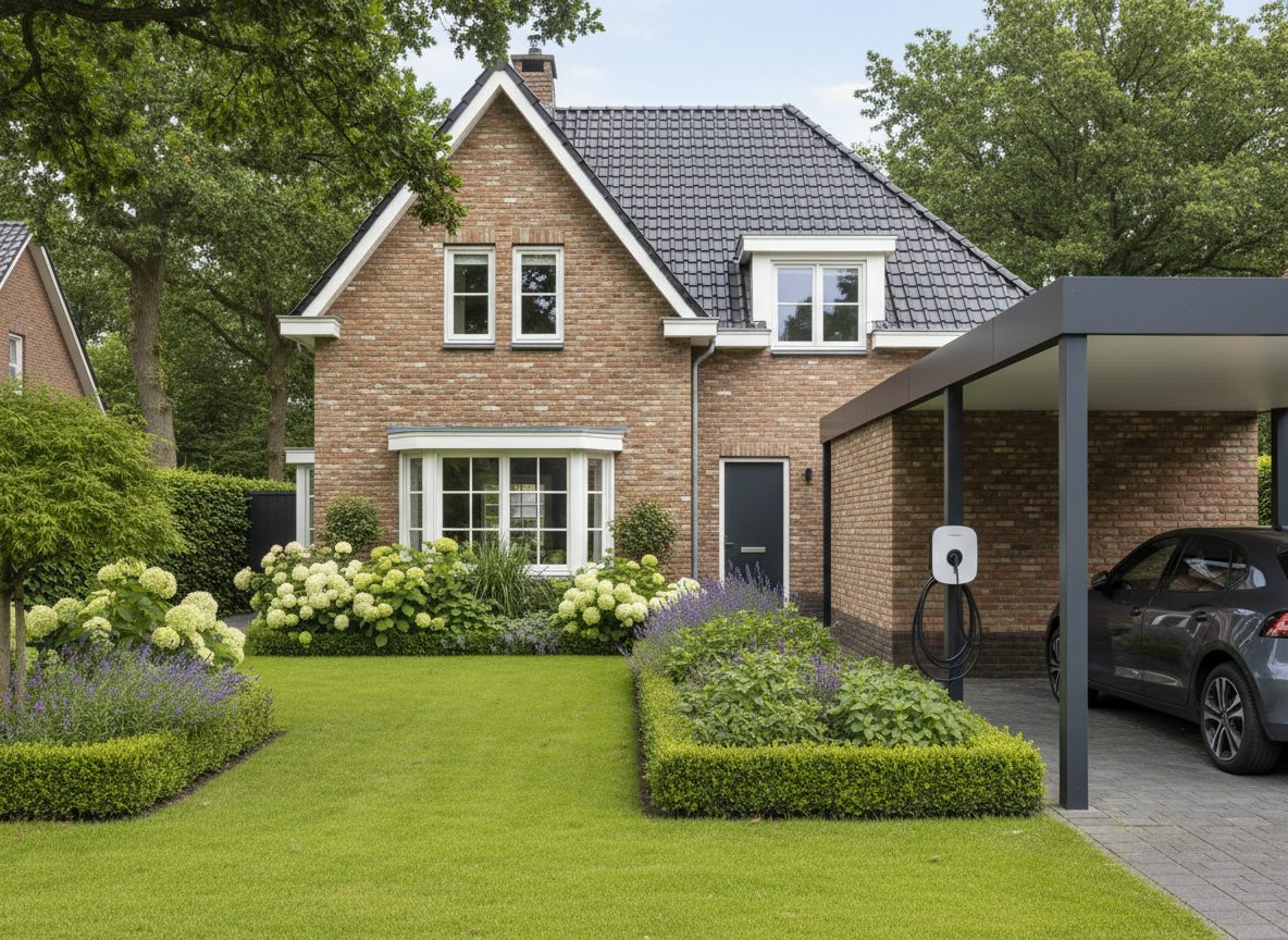 laadpaal installatie bij bakstenen woning in Flandre in de zomer