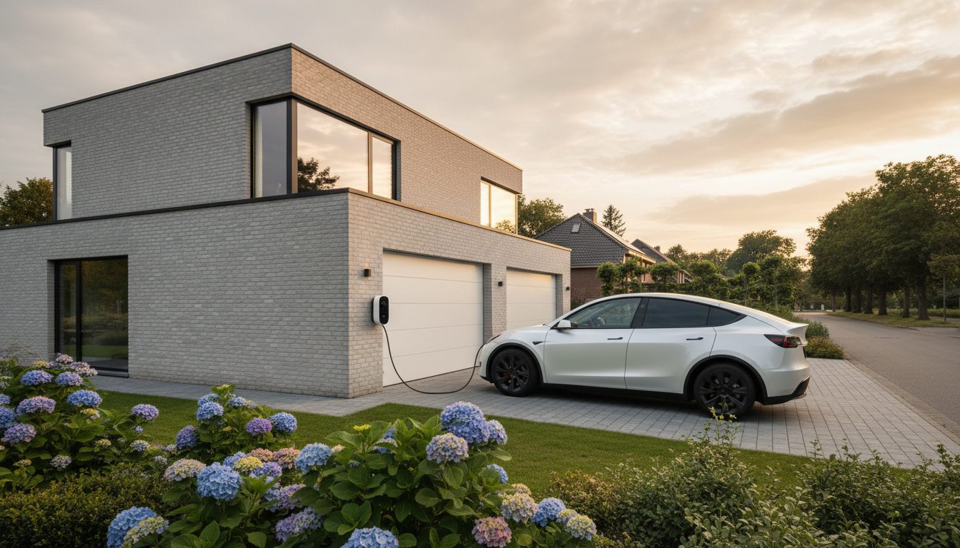 laadpaal installatie bij bakstenen woning in Flandre in de winter