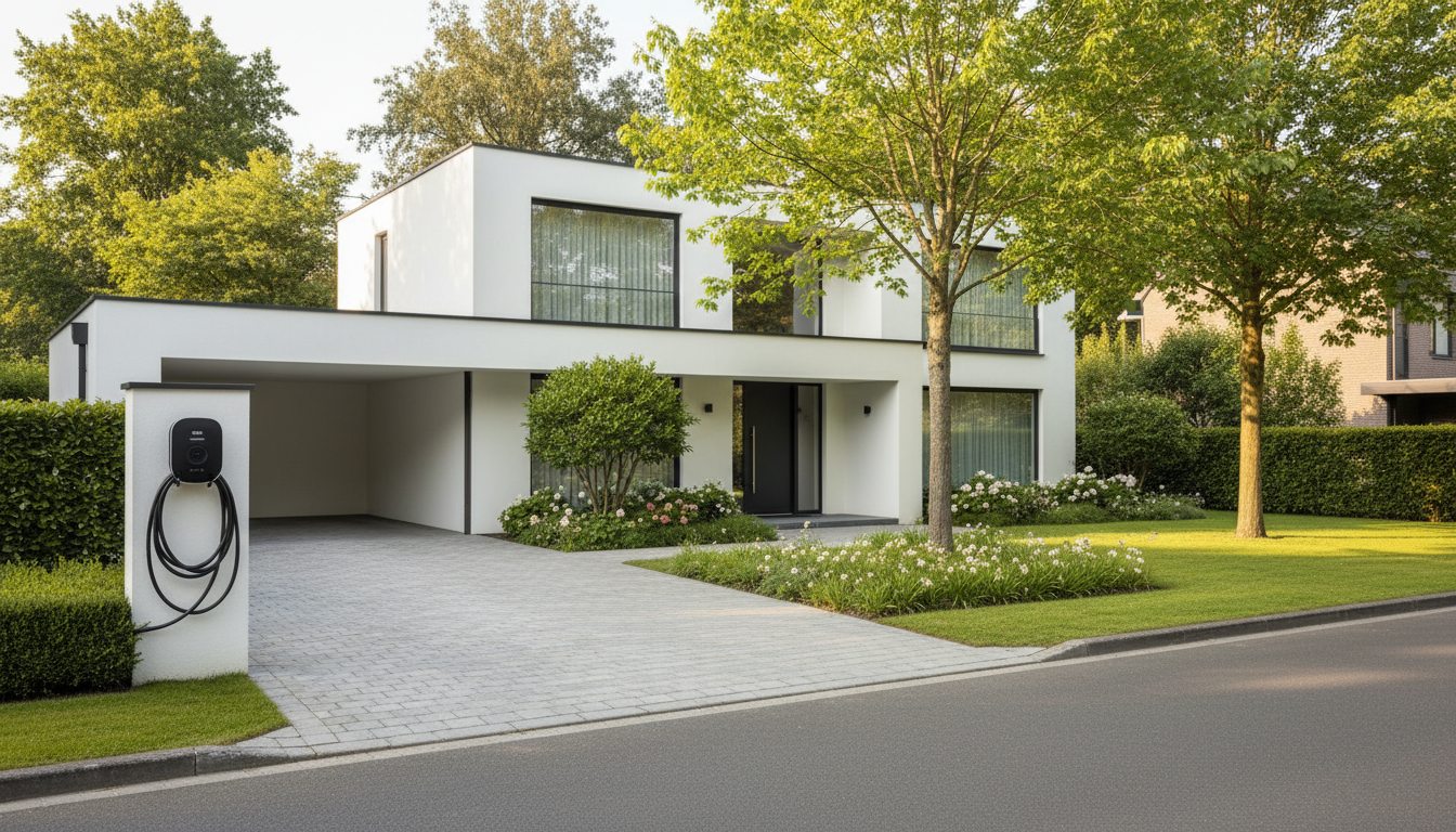 laadpaal installatie bij moderne villa in Flandre in de zomer